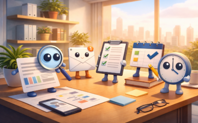 Cute graphic depicting personified work tools to represent AI agents including a clock with eyes, magnifying glass with face, mail icon with face