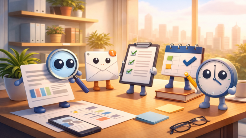 Cute graphic depicting personified work tools to represent AI agents including a clock with eyes, magnifying glass with face, mail icon with face