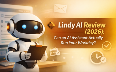 Title image with robot and copy "Lindy AI Review 2026"