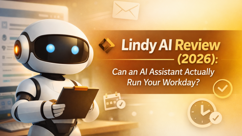 Title image with robot and copy "Lindy AI Review 2026"
