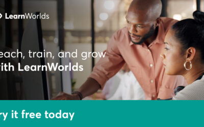 Learnworlds teach, train and grow graphic