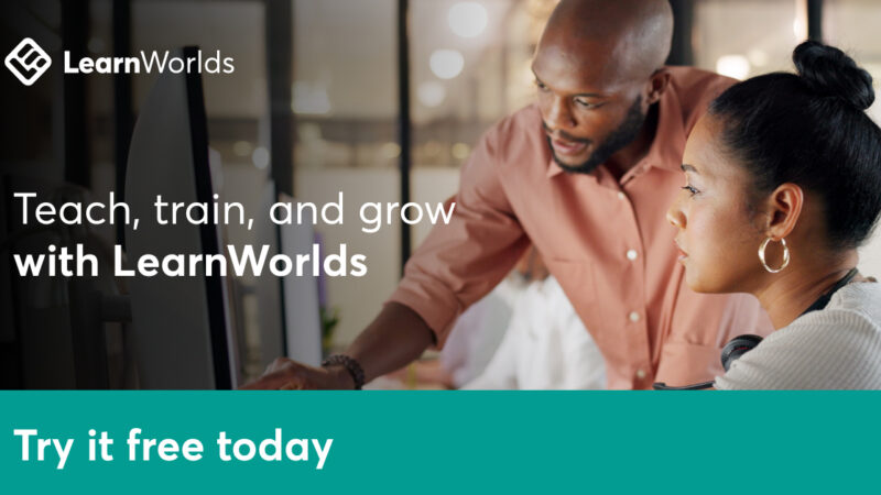 Learnworlds teach, train and grow graphic