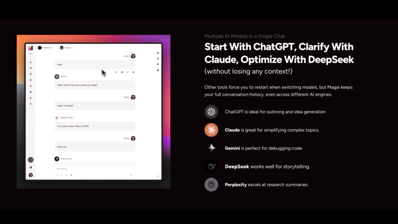 Magai screen capture of features of the website