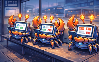 Robotic crabs sitting at a bus stop checking their social media feeds