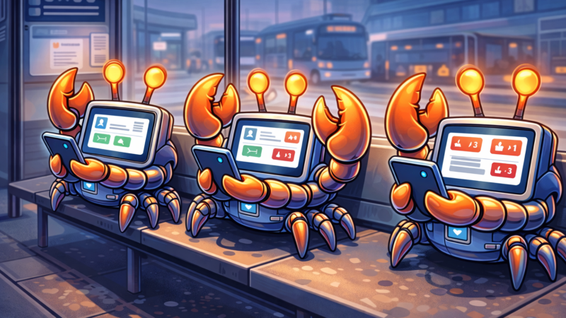 Robotic crabs sitting at a bus stop checking their social media feeds