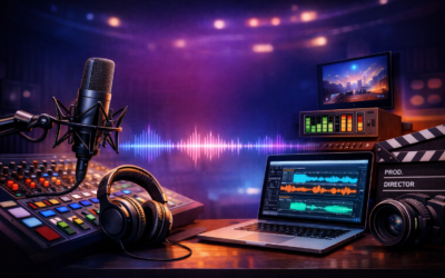 Graphic representing microphone, computer, sound studio is orange and purples