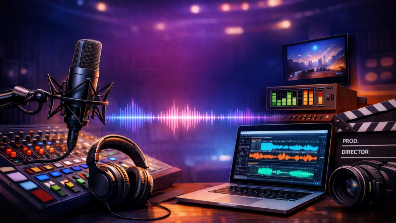 Graphic representing microphone, computer, sound studio is orange and purples