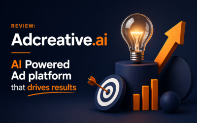 Modern dark-themed banner for a review of AdCreative.ai, featuring bold typography reading “Review: AdCreative.ai – AI-powered ad platform that drives results,” alongside abstract 3D elements including a glowing lightbulb, upward arrow, bar chart, and target, symbolizing performance, growth, and marketing success.