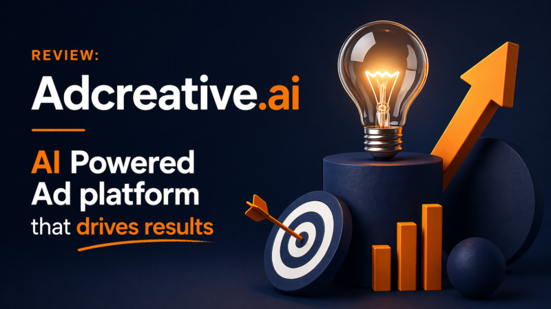 Modern dark-themed banner for a review of AdCreative.ai, featuring bold typography reading “Review: AdCreative.ai – AI-powered ad platform that drives results,” alongside abstract 3D elements including a glowing lightbulb, upward arrow, bar chart, and target, symbolizing performance, growth, and marketing success.