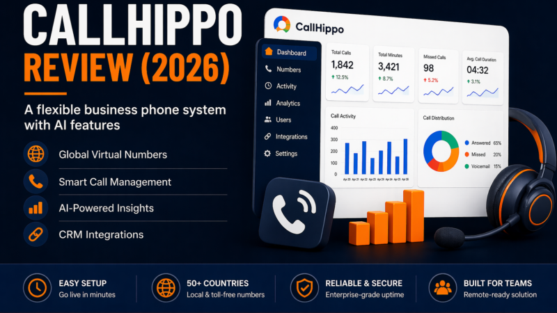 Dark navy and orange promotional banner for a CallHippo review (2026). The left side features bold text reading ‘CallHippo Review (2026)’ with a subheading describing it as a flexible business phone system with AI features, followed by a list of capabilities including global virtual numbers, smart call management, AI-powered insights, and CRM integrations. The right side shows a modern dashboard interface with call analytics, charts, and metrics, alongside a headset and call icon. A footer highlights benefits like easy setup, global coverage, reliability, and team readiness, with a call to action to find and compare AI tools.