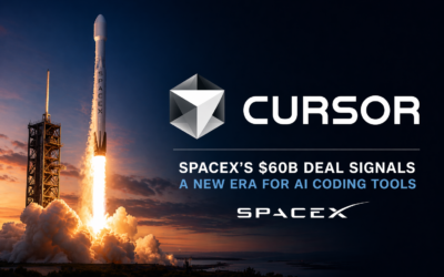 Rocket launching at sunset beside Cursor logo and headline about SpaceX’s $60B deal, symbolizing the rise of AI coding tools.