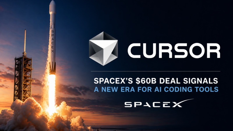 Rocket launching at sunset beside Cursor logo and headline about SpaceX’s $60B deal, symbolizing the rise of AI coding tools.