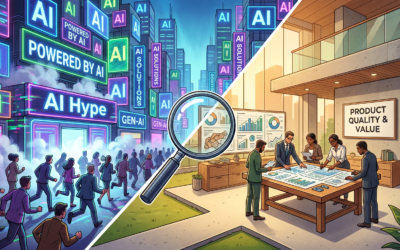 A conceptual split-screen illustration comparing AI marketing hype with actual product substance. On the left side, representing "Hype," a chaotic, neon-lit cityscape is crowded with flickering signs reading "Powered by AI" and "Gen-AI." A frantic crowd of people is shown running toward the bright lights through a haze of digital smoke. On the right side, representing "Quality," a calm, well-lit modern office shows a focused team of professionals collaborating over detailed data charts and architectural plans. A clean sign on the wall reads "Product Quality & Value." A large magnifying glass sits in the center, acting as a lens that transitions the viewer from the noisy, colorful hype into the clear, grounded reality of a high-quality business environment.
