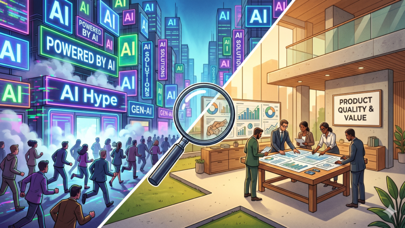 A conceptual split-screen illustration comparing AI marketing hype with actual product substance. On the left side, representing "Hype," a chaotic, neon-lit cityscape is crowded with flickering signs reading "Powered by AI" and "Gen-AI." A frantic crowd of people is shown running toward the bright lights through a haze of digital smoke. On the right side, representing "Quality," a calm, well-lit modern office shows a focused team of professionals collaborating over detailed data charts and architectural plans. A clean sign on the wall reads "Product Quality & Value." A large magnifying glass sits in the center, acting as a lens that transitions the viewer from the noisy, colorful hype into the clear, grounded reality of a high-quality business environment.
