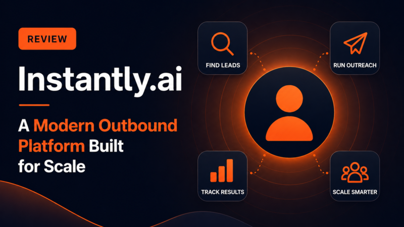 Dark, modern blog hero image featuring the headline “Instantly.ai: A Modern Outbound Platform Built for Scale” in bold white and orange text. On the right, a minimal circular diagram with simple icons represents key functions: finding leads, running outreach, tracking results, and scaling workflows. The design uses a navy-to-black gradient background with orange accents for contrast.