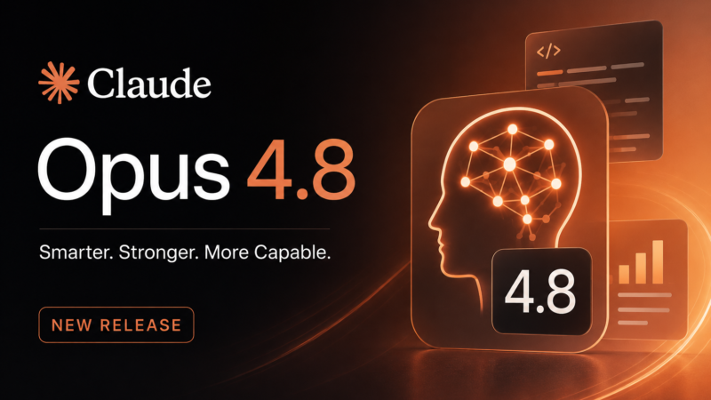 Feature image for a news article about Claude Opus 4.8. The design features a dark black-to-orange gradient background with the Claude wordmark and “Opus 4.8” prominently displayed on the left in large white and orange text. On the right, a glowing profile silhouette contains a network of connected nodes symbolizing artificial intelligence, surrounded by abstract interface panels and analytics graphics. Orange light trails sweep across the image, creating a sense of motion and technological advancement. The overall style is modern, futuristic, and editorial.