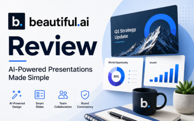 Featured image for a Beautiful.ai review showing the Beautiful.ai logo and the words "Review: AI-Powered Presentations Made Simple" on a clean white and blue background. Abstract presentation slides, charts, and business graphics appear alongside a notebook, coffee mug, and workspace elements, representing presentation design, collaboration, branding, and productivity. The image uses a modern, professional style with no actual product screenshots.