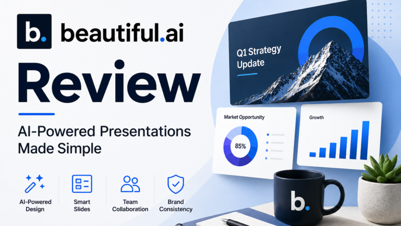 Featured image for a Beautiful.ai review showing the Beautiful.ai logo and the words "Review: AI-Powered Presentations Made Simple" on a clean white and blue background. Abstract presentation slides, charts, and business graphics appear alongside a notebook, coffee mug, and workspace elements, representing presentation design, collaboration, branding, and productivity. The image uses a modern, professional style with no actual product screenshots.