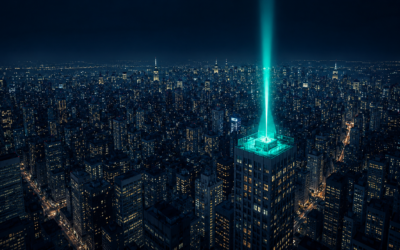 A dramatic editorial illustration of a crowded city at night viewed from above. Thousands of windows glow softly across hundreds of buildings. One rooftop hosts a brilliant teal beacon visible for miles.
