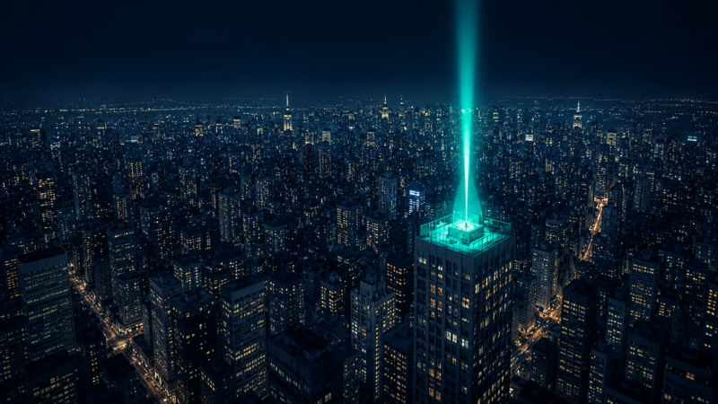 A dramatic editorial illustration of a crowded city at night viewed from above. Thousands of windows glow softly across hundreds of buildings. One rooftop hosts a brilliant teal beacon visible for miles.