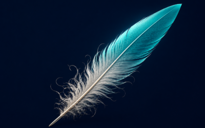 **Alt text:** A minimalist editorial illustration of a large feather quill floating against a deep navy background. The lower portion of the feather appears soft, loose, and slightly unruly, while the upper portion becomes increasingly refined and structured, highlighted with subtle teal accents. The image symbolizes the transformation of rough ideas into polished writing through revision and refinement.