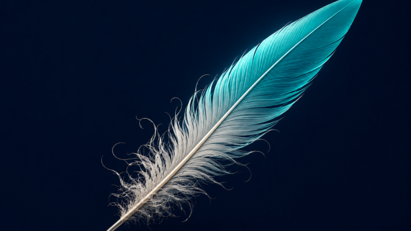 **Alt text:** A minimalist editorial illustration of a large feather quill floating against a deep navy background. The lower portion of the feather appears soft, loose, and slightly unruly, while the upper portion becomes increasingly refined and structured, highlighted with subtle teal accents. The image symbolizes the transformation of rough ideas into polished writing through revision and refinement.