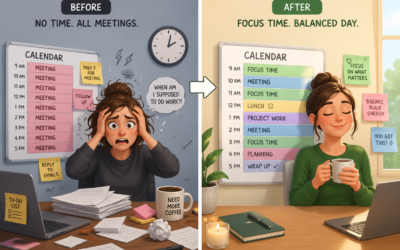 Illustrated split-screen comparison of a busy professional before and after implementing AI-powered calendar management. On the left, a stressed office worker sits at a cluttered desk with an overbooked calendar filled entirely with meetings, sticky notes, paperwork, and a worried expression. On the right, the same person appears calm and relaxed in a bright, organized workspace, holding a coffee while reviewing a balanced calendar that includes focus time, project work, breaks, and planning sessions. The image visually highlights the transformation from calendar chaos and burnout to productivity, focus, and work-life balance.