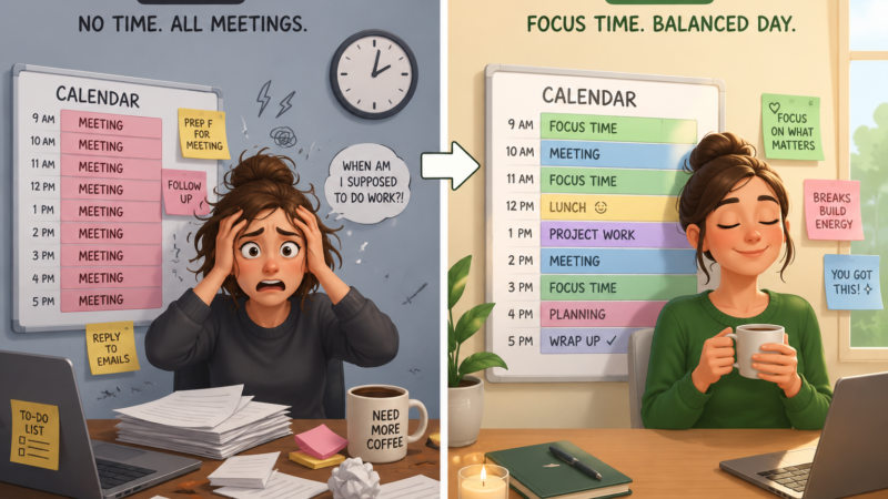 Illustrated split-screen comparison of a busy professional before and after implementing AI-powered calendar management. On the left, a stressed office worker sits at a cluttered desk with an overbooked calendar filled entirely with meetings, sticky notes, paperwork, and a worried expression. On the right, the same person appears calm and relaxed in a bright, organized workspace, holding a coffee while reviewing a balanced calendar that includes focus time, project work, breaks, and planning sessions. The image visually highlights the transformation from calendar chaos and burnout to productivity, focus, and work-life balance.