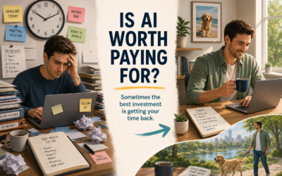 Illustrated split-screen graphic comparing a stressed professional overwhelmed by emails, deadlines, and paperwork with a calm, focused professional working efficiently at a clean desk. The headline reads “Is AI Worth Paying For?” with the subheading “Sometimes the best investment is getting your time back.” A framed photo of a golden retriever on the beach and a scene of the man walking his dog in a park reinforce the idea that effective AI tools can create more time for the people, pets, and activities that bring joy.