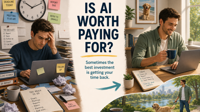 Illustrated split-screen graphic comparing a stressed professional overwhelmed by emails, deadlines, and paperwork with a calm, focused professional working efficiently at a clean desk. The headline reads “Is AI Worth Paying For?” with the subheading “Sometimes the best investment is getting your time back.” A framed photo of a golden retriever on the beach and a scene of the man walking his dog in a park reinforce the idea that effective AI tools can create more time for the people, pets, and activities that bring joy.
