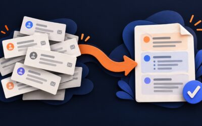 Email message cards flow into an organized project brief with a checkmark, on a navy background.