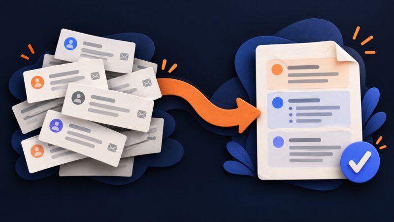 Email message cards flow into an organized project brief with a checkmark, on a navy background.
