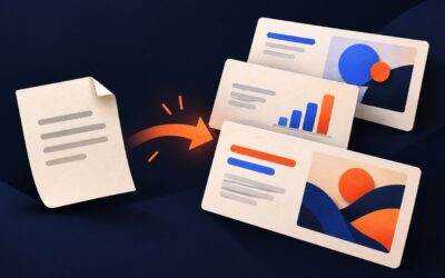 A paper outline becomes three presentation cards with orange and blue shapes on a navy background.