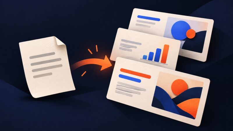 A paper outline becomes three presentation cards with orange and blue shapes on a navy background.