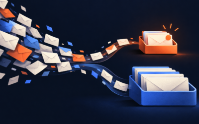 Abstract envelopes separate into orange and blue trays, illustrating priority email and messages to review later.