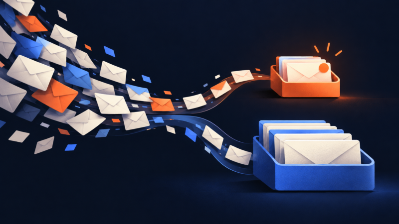 Abstract envelopes separate into orange and blue trays, illustrating priority email and messages to review later.